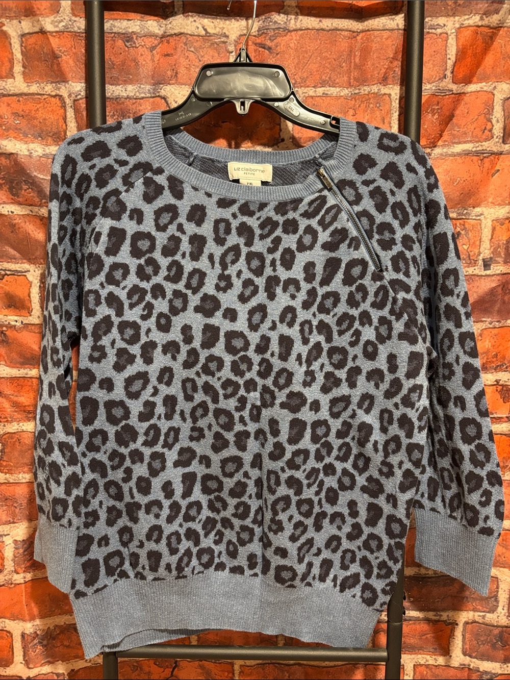 Liz Claiborne Blue and Black Leopard-Print Scoop Neck Sweater